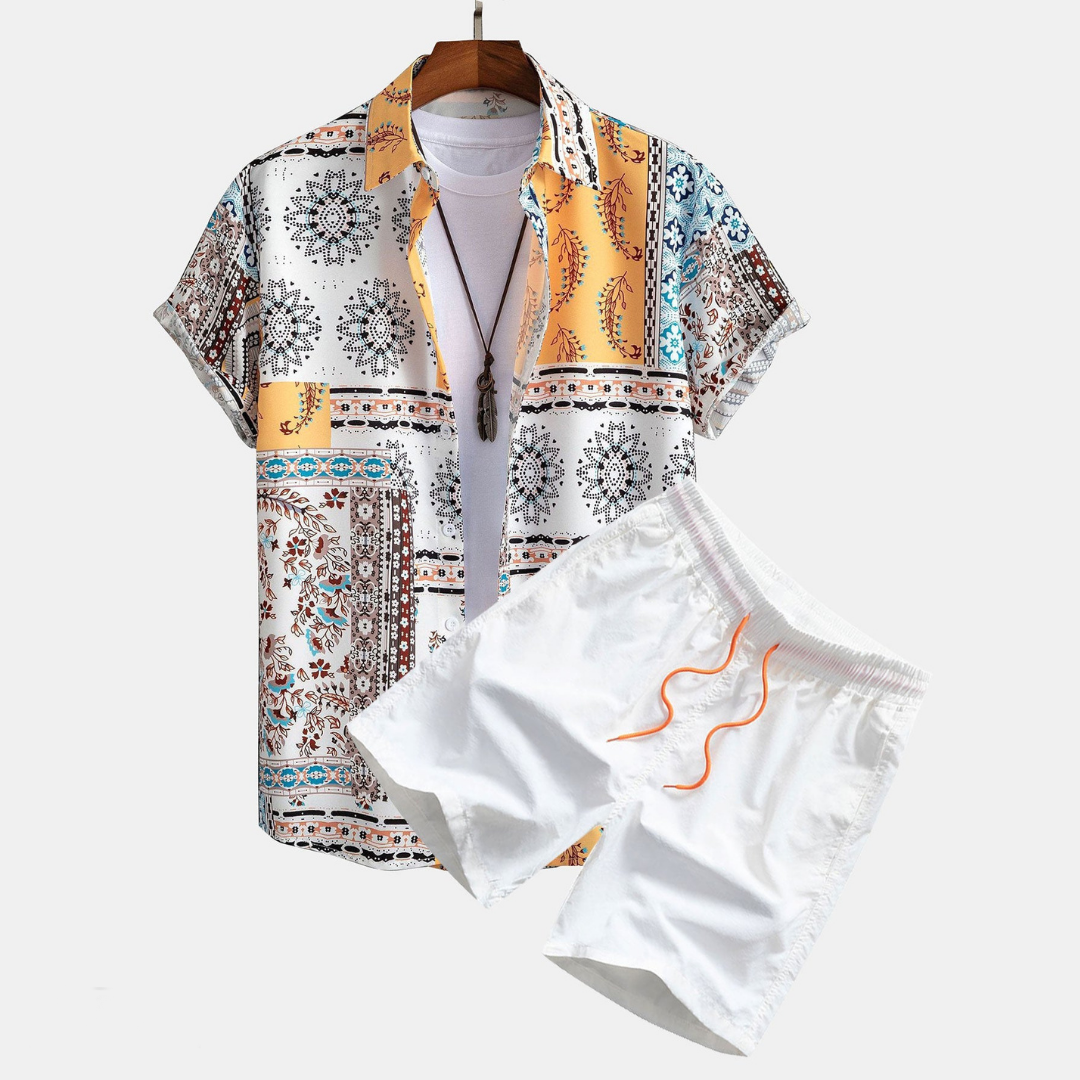 Modisches Set aus Shirt und Badeshorts für Männer, perfekt für Sommer und Strand.