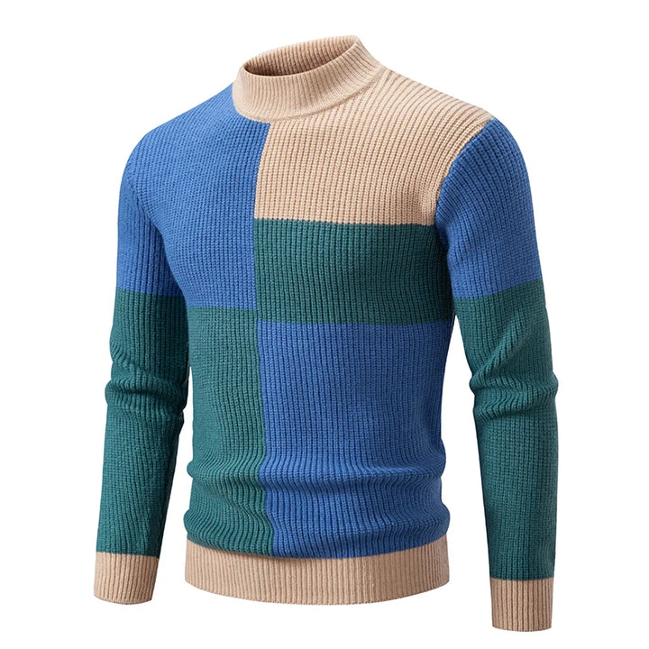 Farbiger Rollkragenpullover für Männer aus weichem Strickmaterial, ideal für die kalte Jahreszeit.