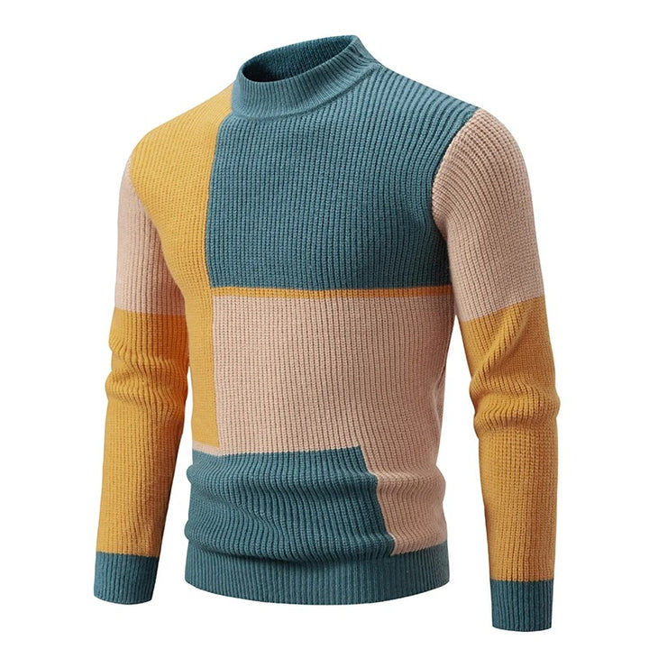 Farbiger Rollkragenpullover für Männer aus weichem Strickmaterial, ideal für die kalte Jahreszeit.