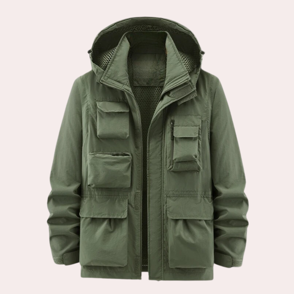 Leichte und schnell trocknende Herrenjacke mit Kapuze und Reißverschlusstaschen für Outdoor-Aktivitäten