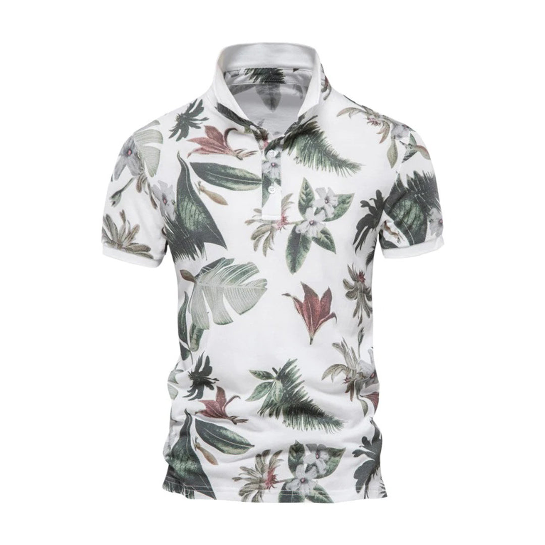 Hawaii-inspiriertes Poloshirt für Männer mit tropischem Design und atmungsaktivem Material für den Sommer.