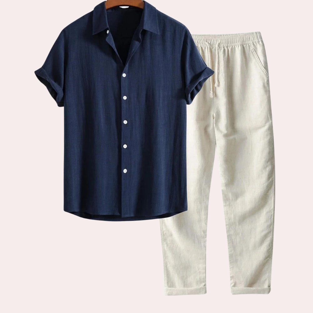 Herren-Sommer-Set aus Hemd und Leinenhosen, stilvolles und leichtes Outfit für warme Tage.