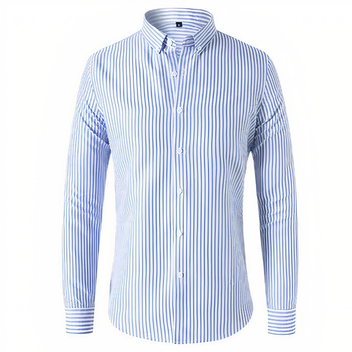 Gestreiftes Sommerhemd für Herren mit langen Ärmeln, klassischem Kragen und schmaler Passform für einen eleganten und dennoch entspannten Look.