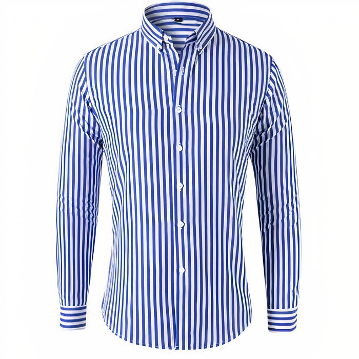 Gestreiftes Sommerhemd für Herren mit langen Ärmeln, klassischem Kragen und schmaler Passform für einen eleganten und dennoch entspannten Look.
