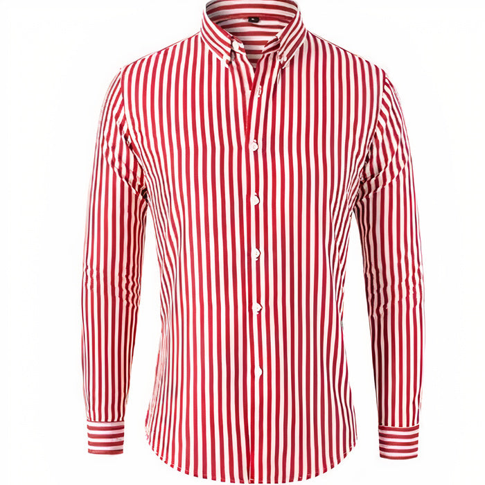 Gestreiftes Sommerhemd für Herren mit langen Ärmeln, klassischem Kragen und schmaler Passform für einen eleganten und dennoch entspannten Look.