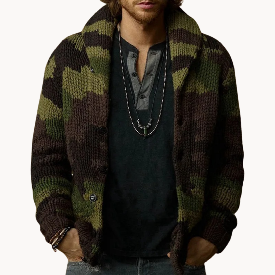 Herren-Strickjacke mit Tarnmuster, warm und stilvoll für Herbst- und Wintertage