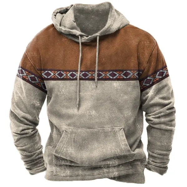 Herrenpullover im Aztekenstil für den Winter, auffälliges Design und warme Materialien.