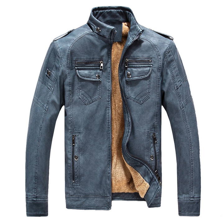 Klassische Leder-Fleecejacke für Männer, ideal für kalte Herbst- und Wintertage.
