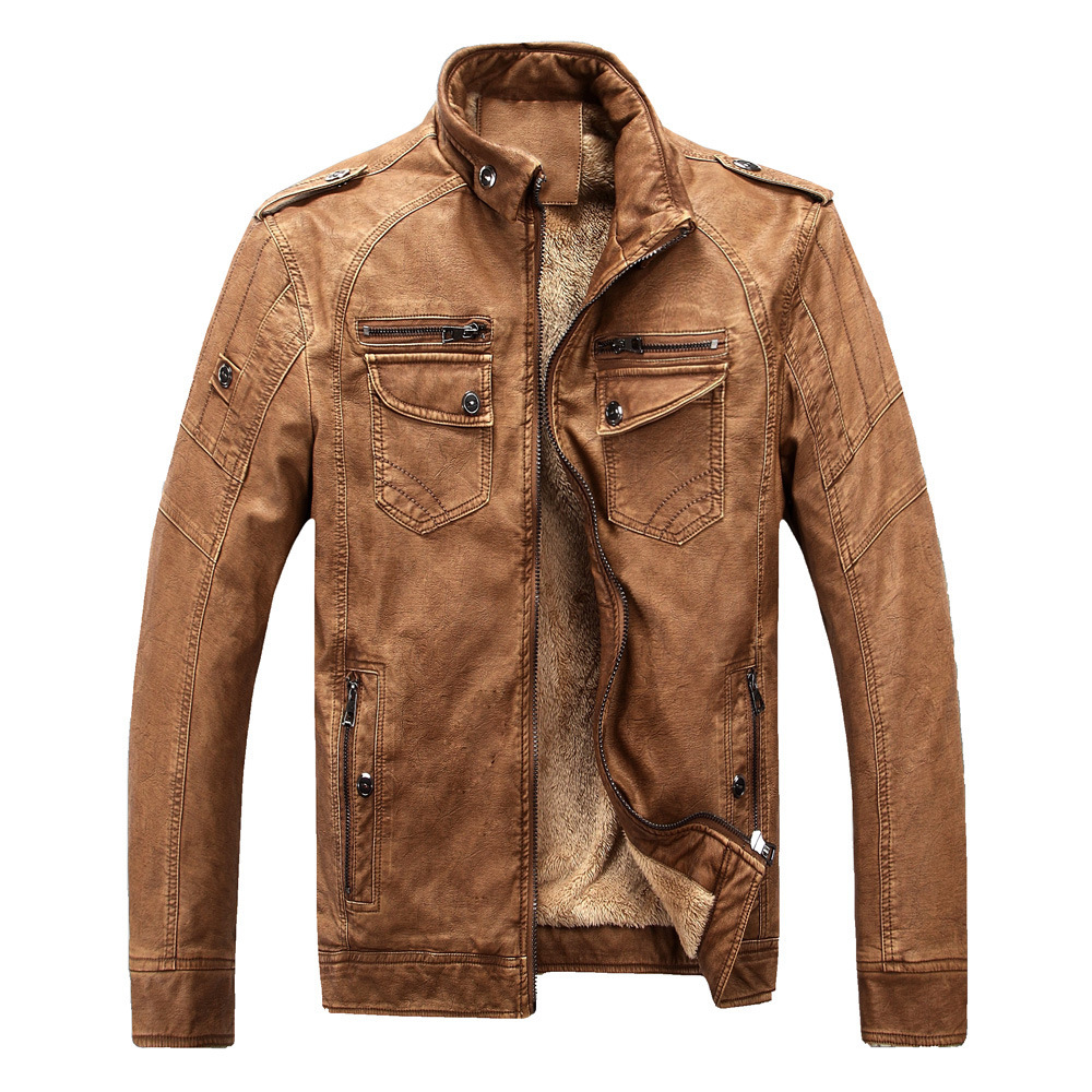 Klassische Leder-Fleecejacke für Männer, ideal für kalte Herbst- und Wintertage.