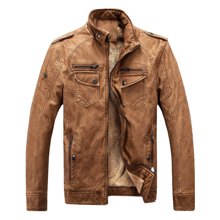 Klassische Leder-Fleecejacke für Männer, ideal für kalte Herbst- und Wintertage.
