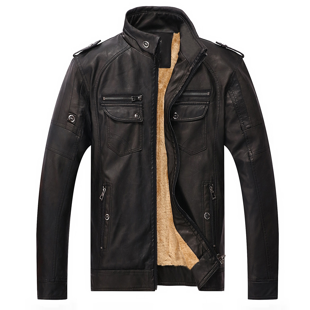Klassische Leder-Fleecejacke für Männer, ideal für kalte Herbst- und Wintertage.