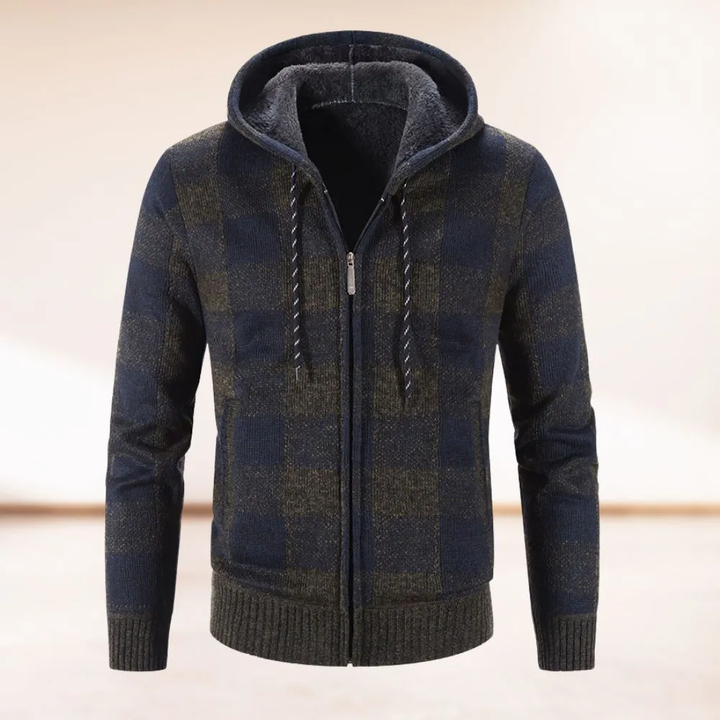 Modisch warme karierte Strickjacke mit Kapuze für Männer, stilvoll und bequem für Herbst und Winter.