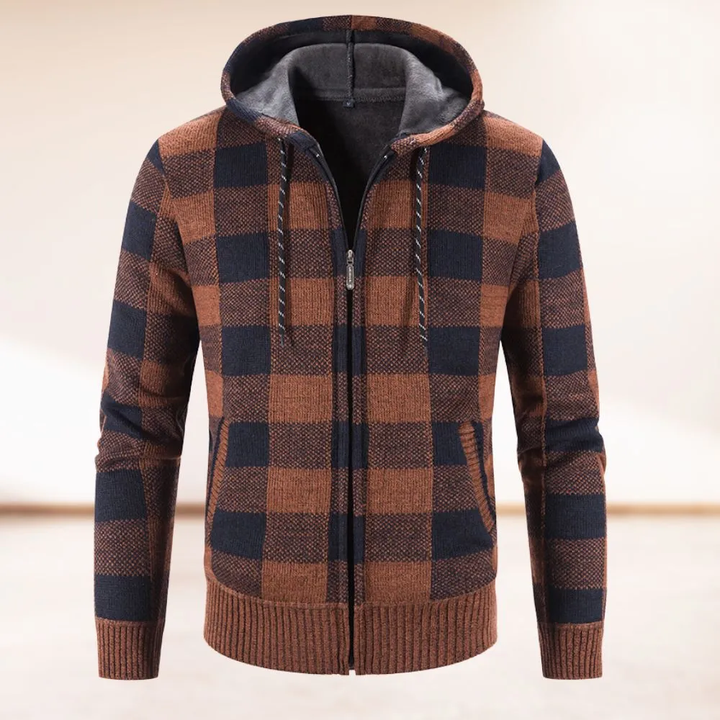 Modisch warme karierte Strickjacke mit Kapuze für Männer, stilvoll und bequem für Herbst und Winter.