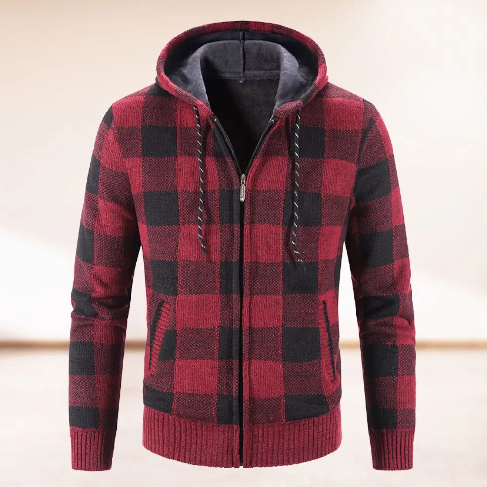 Modisch warme karierte Strickjacke mit Kapuze für Männer, stilvoll und bequem für Herbst und Winter.