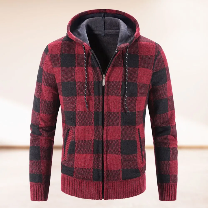 Modisch warme karierte Strickjacke mit Kapuze für Männer, stilvoll und bequem für Herbst und Winter.