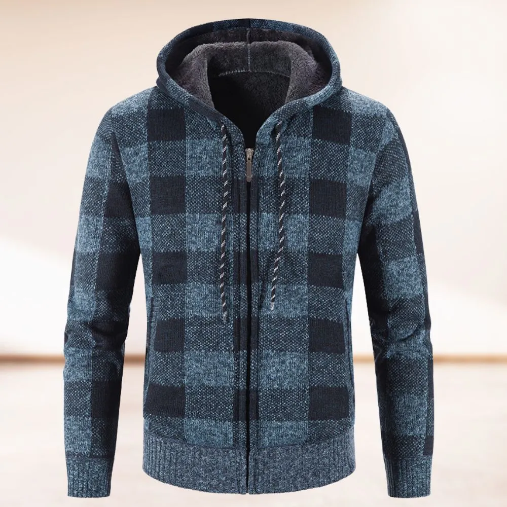 Modisch warme karierte Strickjacke mit Kapuze für Männer, stilvoll und bequem für Herbst und Winter.