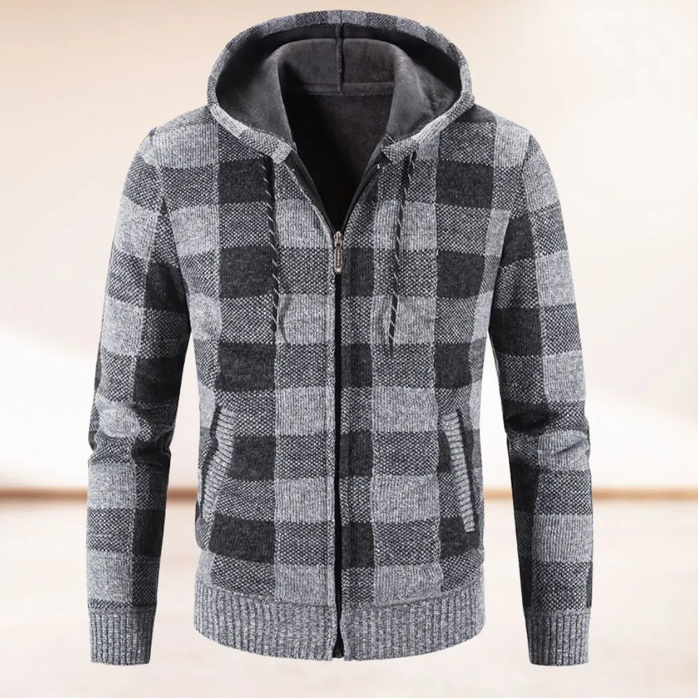 Modisch warme karierte Strickjacke mit Kapuze für Männer, stilvoll und bequem für Herbst und Winter.