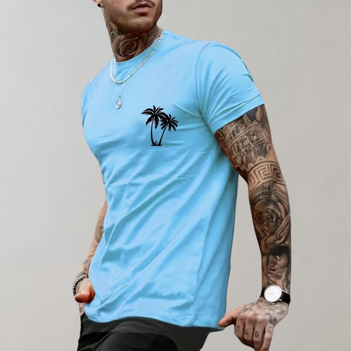 Stylisches Sommer-T-Shirt mit Palmen-Grafik für ein entspanntes Urlaubsfeeling.