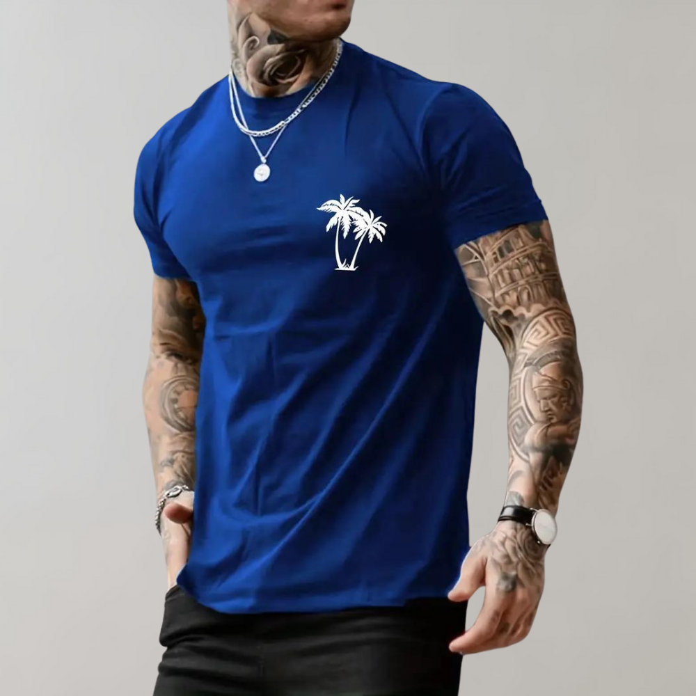 Stylisches Sommer-T-Shirt mit Palmen-Grafik für ein entspanntes Urlaubsfeeling.