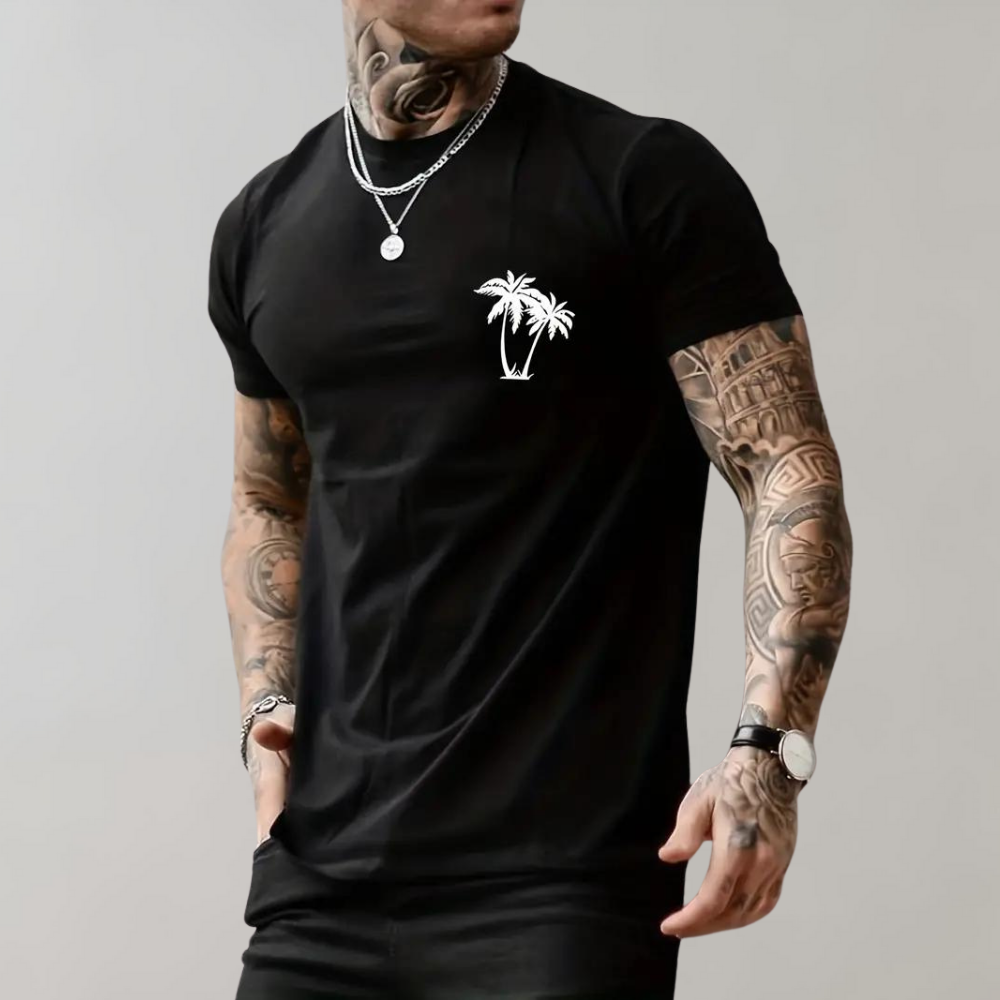 Stylisches Sommer-T-Shirt mit Palmen-Grafik für ein entspanntes Urlaubsfeeling.