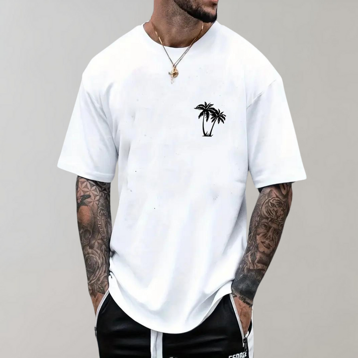 Stylisches Sommer-T-Shirt mit Palmen-Grafik für ein entspanntes Urlaubsfeeling.
