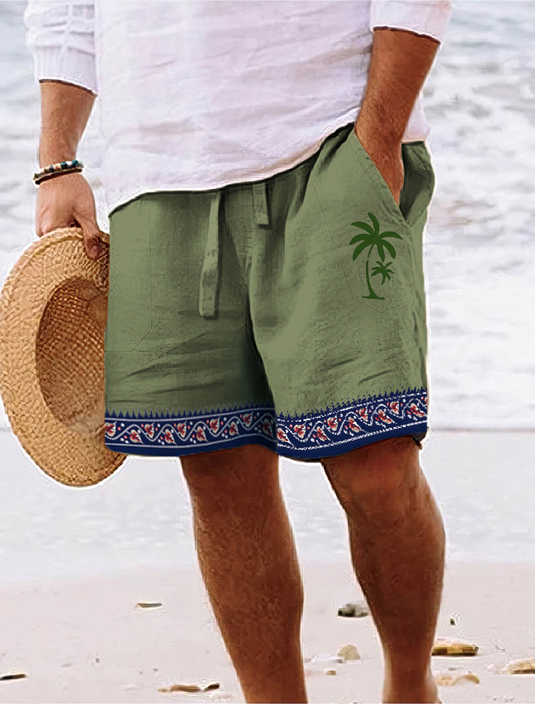 Sommer-Shorts für Männer mit tropischem Kokosnussbaum-Design und leichtem, atmungsaktivem Material.