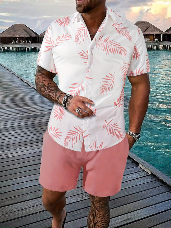 Tropisches Shirt und Shorts-Set für Männer, ideal für entspannte Strandtage im Sommer.
