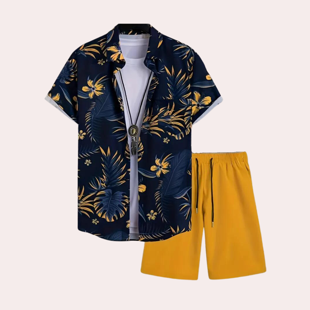 Tropisches Strandset für den Sommer mit leichtem, atmungsaktivem Stoff und exotischem Design.