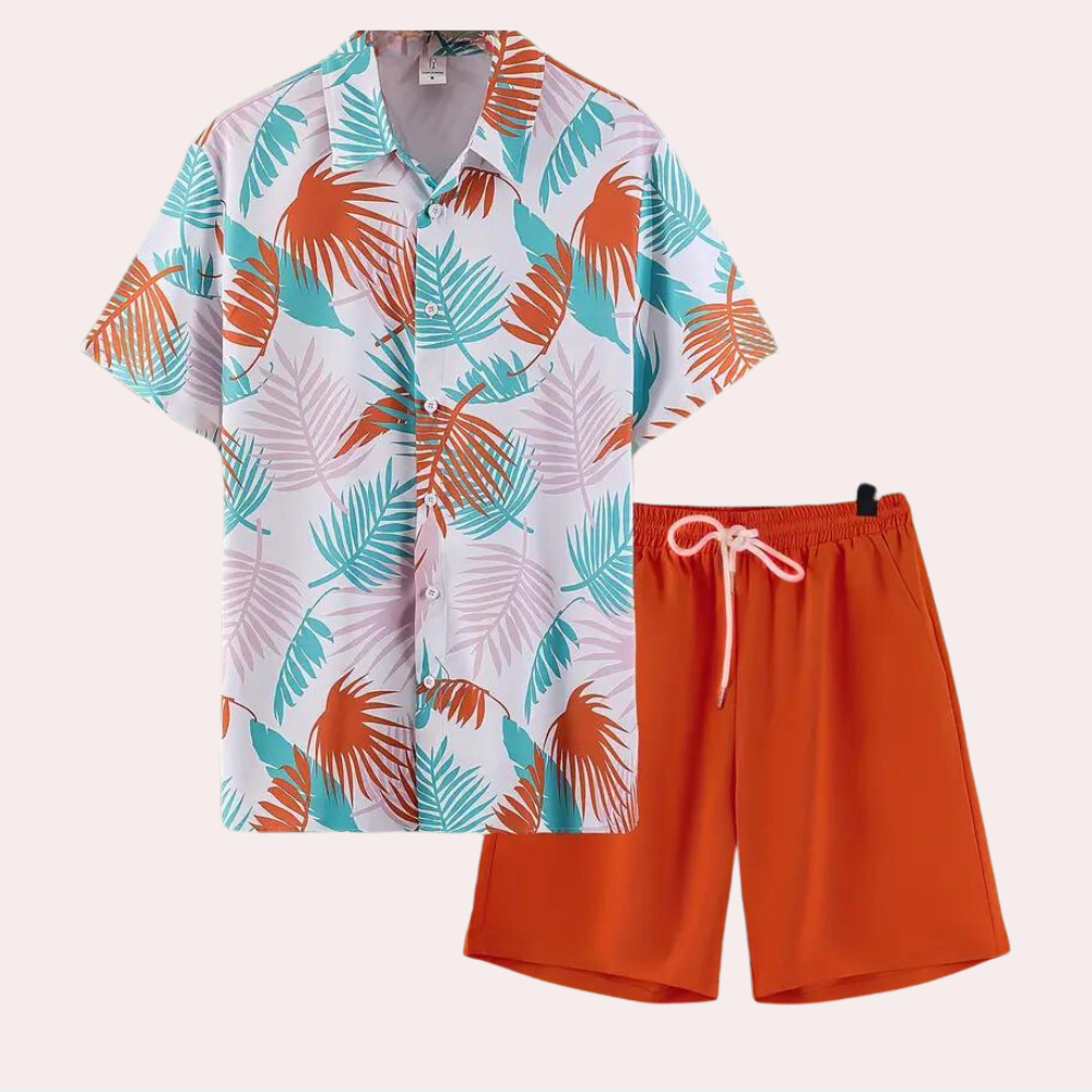 Zweiteiliges Hawaii-Sommer-Set für Herren mit leichtem Stoff und tropischem Design, perfekt für warme Tage.
